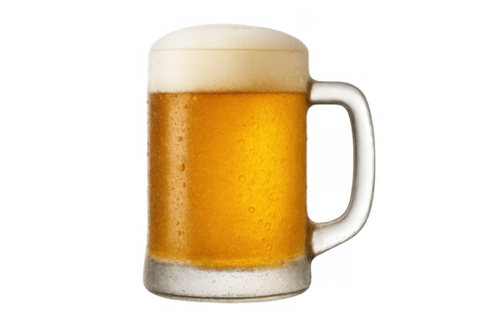 Cold beer mug filled with golden lager, bubbling with refreshing foam on a transparent background - Powered by Adobe