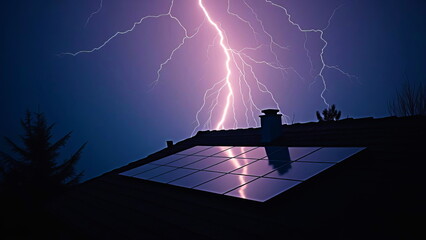 18 solar panels on the roof of a house, during a thunderstorm with lightning at night