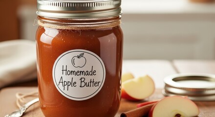 Homemade apple butter in a mason jar with fresh apple slices and cinnamon sticks on a rustic wooden surface.