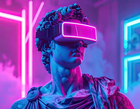 Ancient Meets Future: Marble Bust Wearing VR Headset, Neon Lights, Digital Art, Technology & Classical Sculpture Fusion