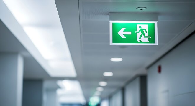 Green illuminated emergency exit sign with a running man symbol and an arrow pointing left, mounted on a white suspended ceiling in a modern office building hallway
