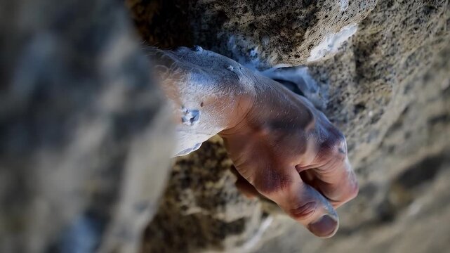 Close-up of Climber's Hand Gripping Rock Surface
