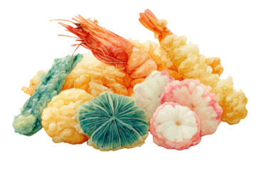 watercolor illustration of assorted tempura, crispy shrimp and vegetables, light golden tones, delicate hand-painted texture, traditional Japanese food art | transparent png