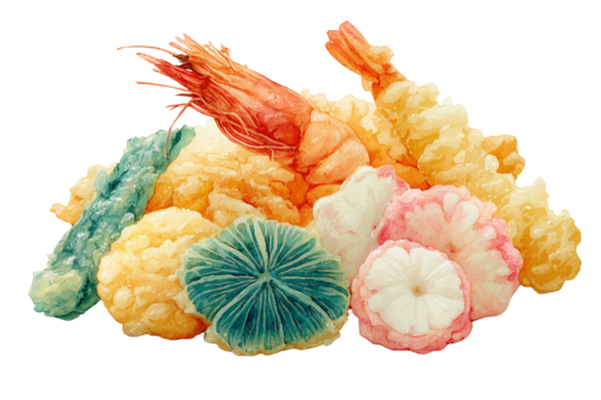 watercolor illustration of assorted tempura, crispy shrimp and vegetables, light golden tones, delicate hand-painted texture, traditional Japanese food art | transparent png