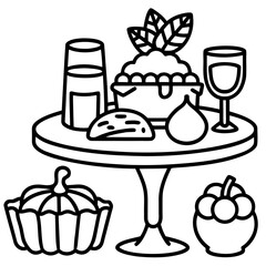 A table with a drink, food, and fruit