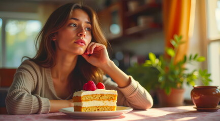 During the day, a young woman sits at the table, near the cake, wondering if there is anything sweet