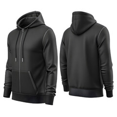 Front and back views of a blank black pullover hoodie