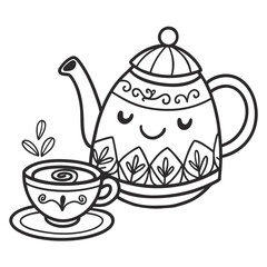 Cute teapot and teacup with a smiling face