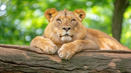 Obraz premium A lion is laying on a tree branch, looking at the camera.