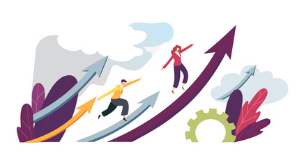 Vibrant and whimsical illustration of diverse people joyfully surfing on colorful arrows representing forward momentum and adventurous spirit in a lively abstract style