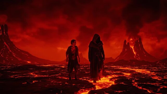 Man and woman walking on a volcanic landscape with flowing lava and erupting volcanoes in a fantasy setting footage.