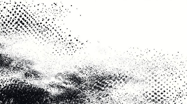 A black and white abstract image featuring a gradient of dots and textures, creating a dynamic visual flow.