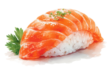 watercolor illustration of salmon nigiri sushi, fresh orange salmon slice on vinegared rice | transparent png