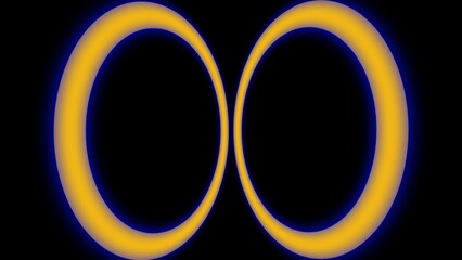 Two glowing yellow rings with a soft blue aura stand side by side against a black background, creating a symmetrical, futuristic, and minimalistic abstract design.