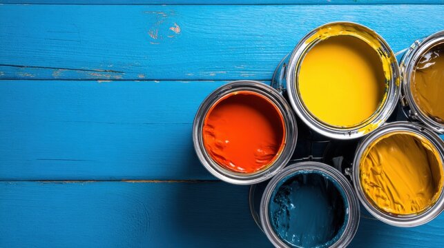 Colorful paint cans arranged on a blue wooden surface for creative art projects and home improvement