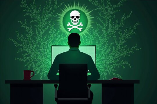 Businessman surrounded by digital green code aura, with computer screen showing a menacing skull