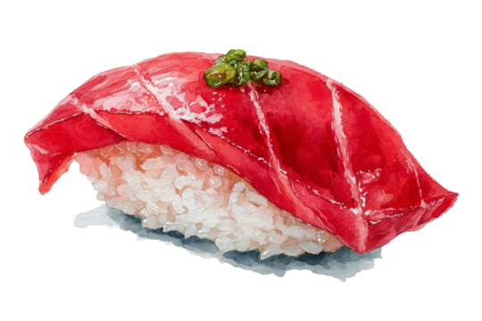 watercolor illustration of tuna nigiri sushi, bright red maguro slice, soft watercolor texture | transparent png