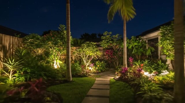 Illuminated tropical garden with palm trees, vibrant flowers, and a stone pathway at night
