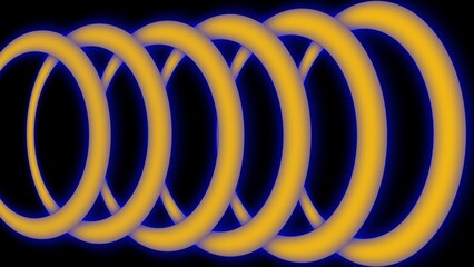 A series of glowing yellow rings with blue edges overlap in a smooth, flowing pattern against a dark background, creating a futuristic and hypnotic visual effect.