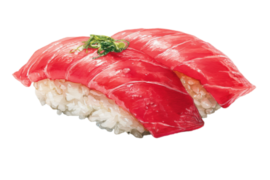 watercolor illustration of tuna nigiri sushi, bright red maguro slice, soft watercolor texture | transparent png