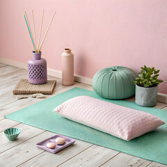 Pastel-colored wellness objects arranged on a mint background, including candles, oils, and self-care items