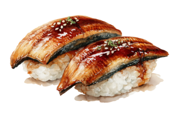 watercolor illustration of unagi nigiri sushi, glazed grilled eel, rich brown tones | transparent png