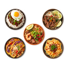 Assortment of asian cuisine bowls with rice noodles and meat delicious food concept on transparent background