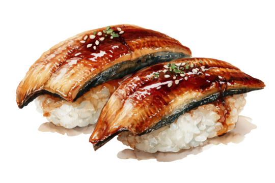watercolor illustration of unagi nigiri sushi, glazed grilled eel, rich brown tones | transparent png