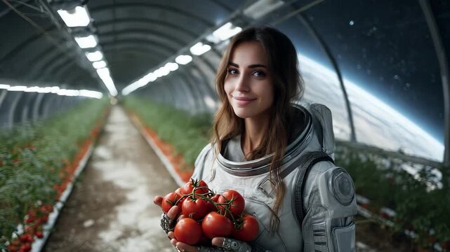 caucasian astronaut botanist harvesting tomatoes inside orbital