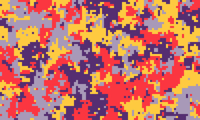 Vibrant digital camouflage pattern in red, yellow, purple, and grey.  Perfect for backgrounds, textiles, or modern designs.