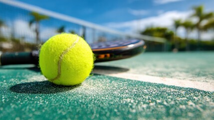 Bright green tennis ball rests on a sandy court near a racket under a clear blue sky