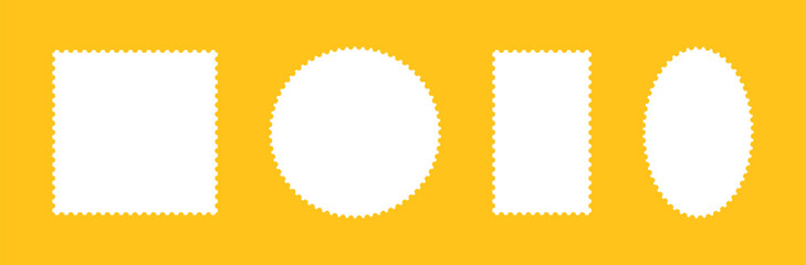 Postage stamp frames template. Set of empty borders, backdrops for postcards, letters. Rectangular, circle blank vintage stamps. Tags, labels, coupons, boxes with curvy, wiggly, wavy perforated edges.