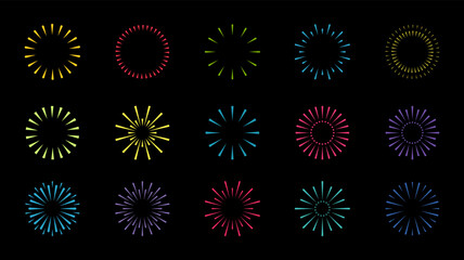 A set of abstract multicolored fireworks icons, vector illustration, isolated on a black background. A graphic holiday element for design, postcards, posters, and Christmas. Sparks, lights, explosions