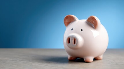 Piggy bank sits on a wooden table against a blue background, symbolizing saving money and financial planning