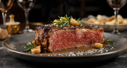 Juicy rare steak on plate with rosemary and garlic. Perfect for food blogs, restaurant menus, culinary websites, and cooking magazines.