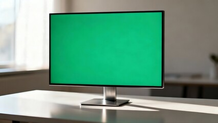 Modern Monitor with Green Screen on White Desk