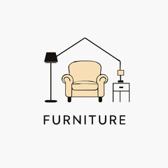 Minimal home-interior logo: a beige armchair forms the center, flanked by a black silhouette floor lamp on the left and a small nightstand with a square lamp on the right. Encased in a simple linear h