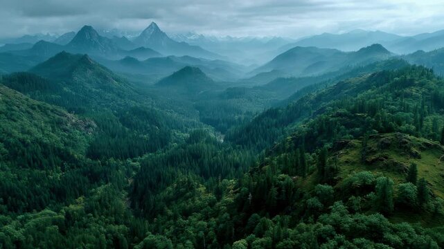 Stunning aerial view of lush green mountains and valleys in a misty landscape at dawn - Powered by Adobe