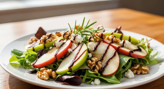 A fresh salad with mixed greens, sliced apples, walnuts, and cheese, drizzled with balsamic glaze.