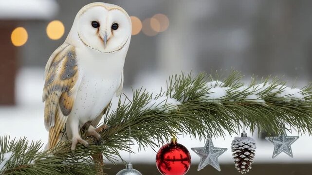 Elegant barn owl perched on snowy pine branch decorated with Christmas baubles, silver stars and pinecone, soft winter bokeh background wildlife holiday nature scene