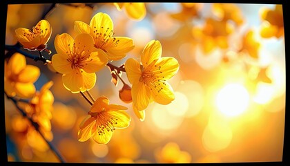 A cluster of delicate yellow flowers with visible stamens are in sharp focus against a soft, bokeh background of sunlight.