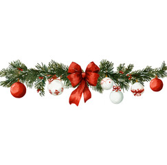 Christmas watercolor garland decorating evergreen pine branches with festive red ribbon bow, traditional ornaments, and winter berries, celebrating holiday season with transparent background © Narin