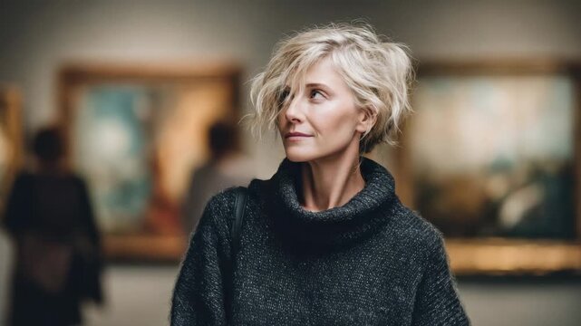 Art lover enjoys her time at a modern gallery while appreciating beautiful paintings by various artists