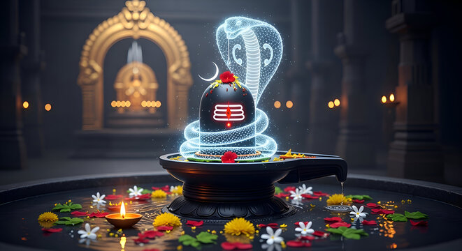 Lord Shiva Lingam in Abstract Digital Art Glowing Cobra Snake Adorned with Flowers Water Offering Deep Meditation Religious Concept Mahadev Shankar Bhagwan Divine Power Cosmic Energy Indian Culture Sp - Powered by Adobe