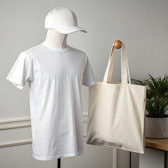 A clean mockup display featuring a white t-shirt, cap, and tote bag