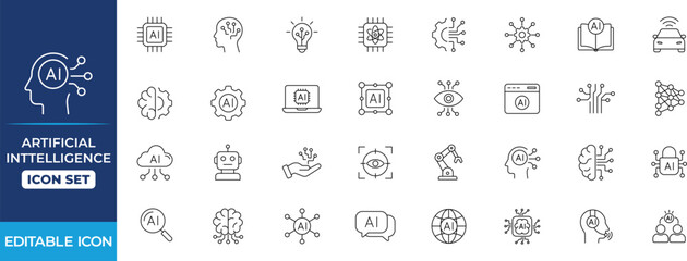 Artificial Intelligence Line Icon Set. Machine, Automation, Algorithm, Robotic, Generation, Processing, and Science outline icons collection