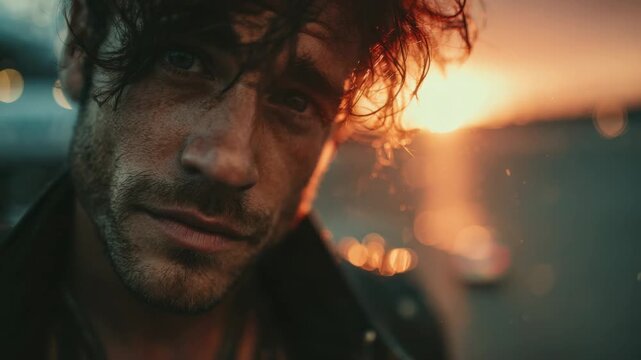 Close-up of a man with tousled hair in front of a sunset backdrop by the beach, capturing an intense and reflective moment