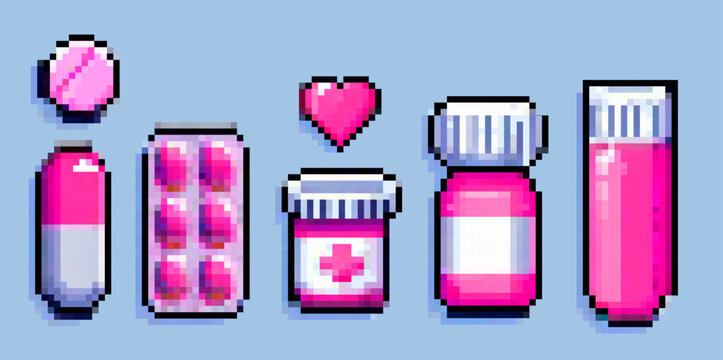 Vector illustration uses pixel art style with bright pink and white colors, featuring medicine bottles, pills, and a heart on a blue background. The theme is healthcare, medicine, and wellness.