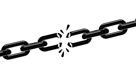 A strong black metal chain with one link broken and shattering into pieces against a white background