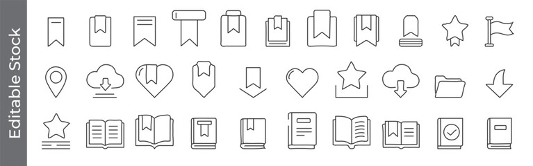 Mega collection of Bookmark, favorite and reading line icon set – editable outline symbols of book, star, heart, flag, download, library